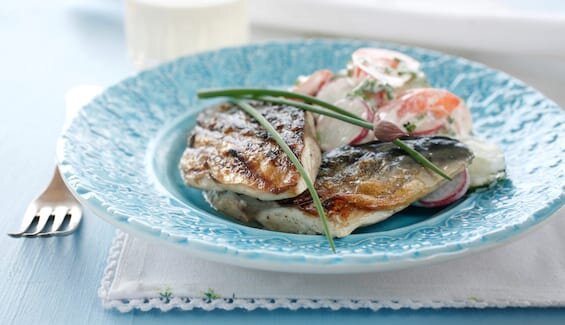 سمك الماكريل النرويجي المشوي مع سلطة صيفية